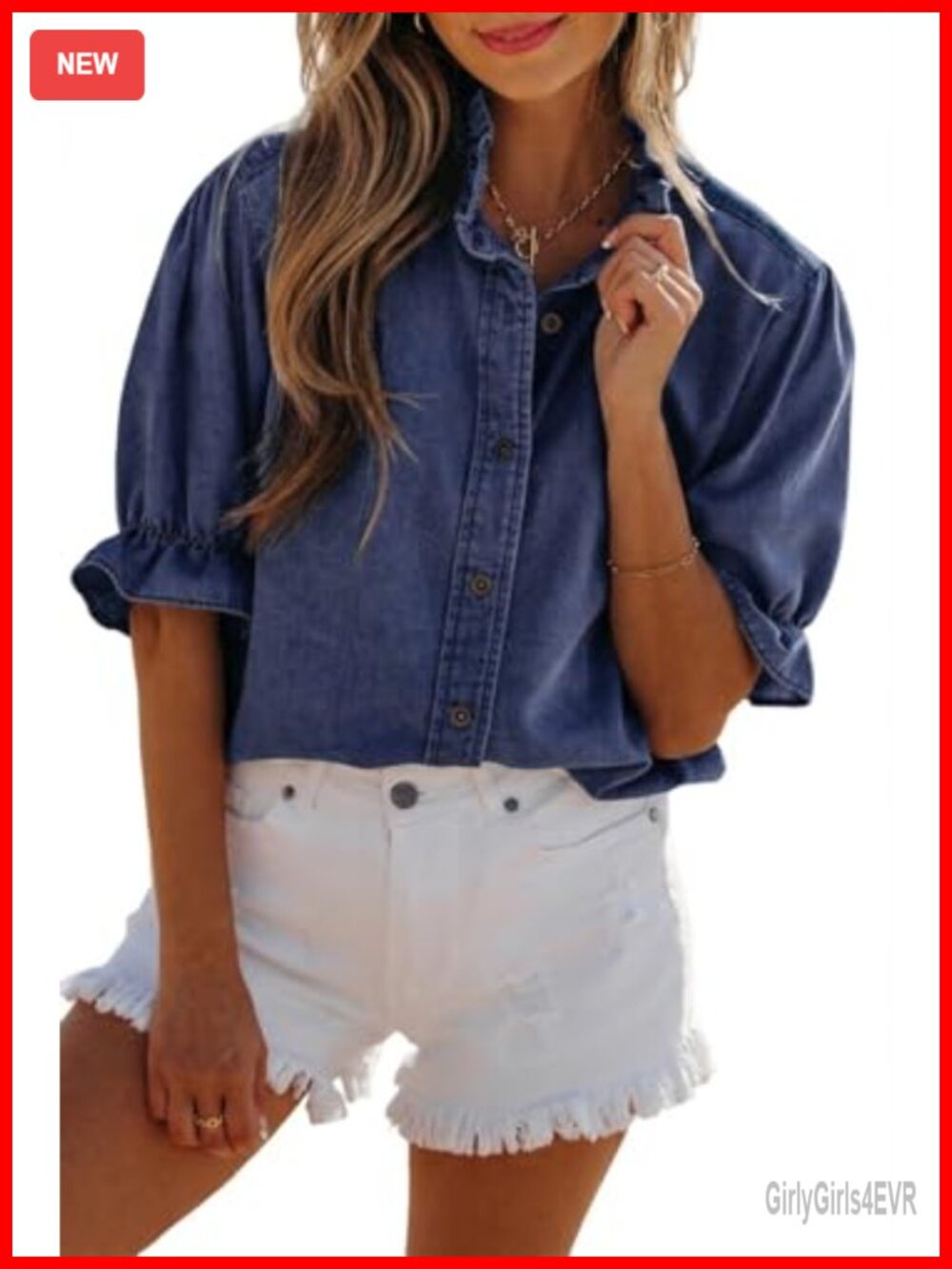 Ruffle Short Sleeve Denim Tunic Top Cotton Blend Button Down Chambray